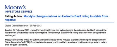 Moody's changes outlook on Iceland's Baa3 rating to stable from negative