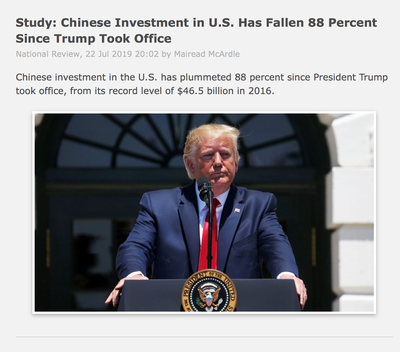 Study - Chinese Investment in US Has Fallen 88 Percent Since Trump Took Office